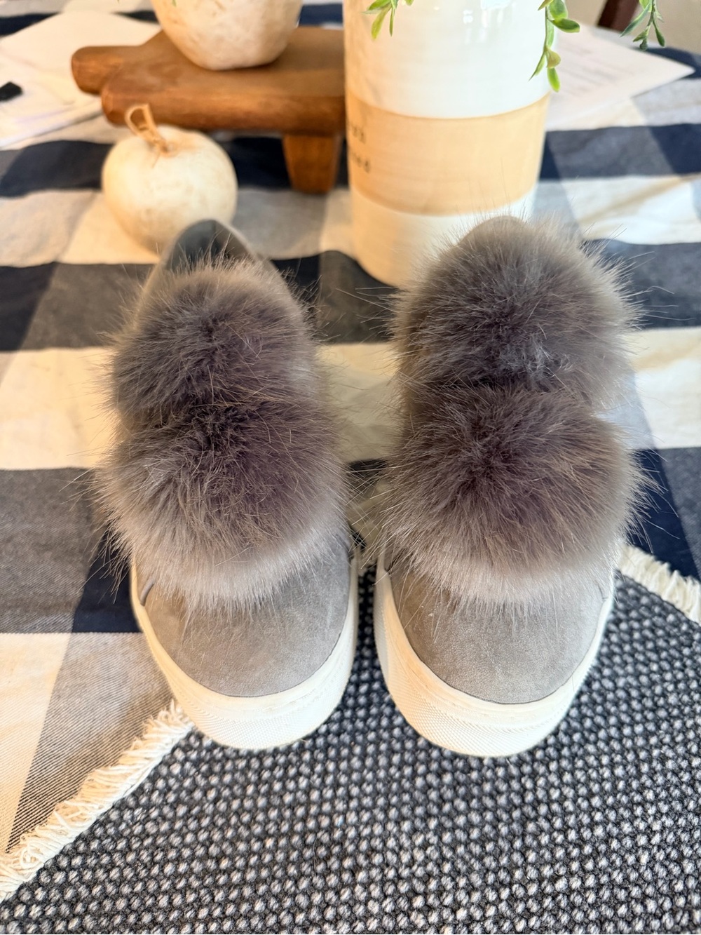Sam Edelman Gray Faux-Fur Pom Slip-On Sneakers
